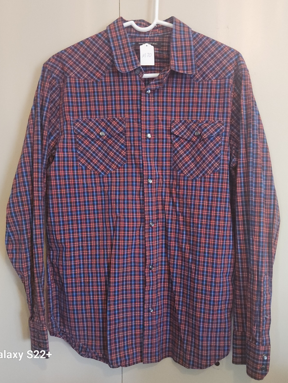 M70 Banana Republic Slim Fit Men's Red & Blue Plaid Western Shirt w Pearly Snaps